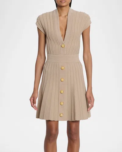 Balmain V-neck Velvet Flare Mini Dress In Fk Beige