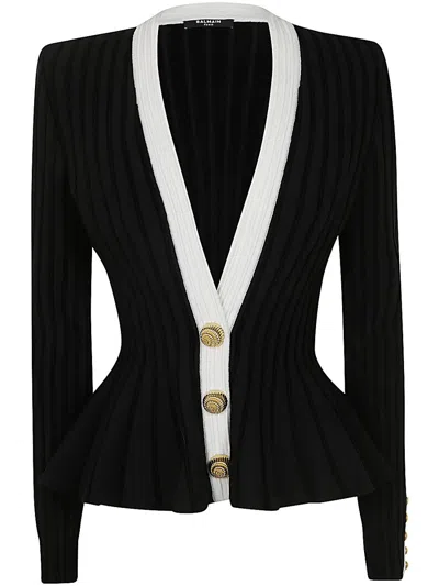 Balmain Structured Knit Jacket With Velvet Inserts In Black