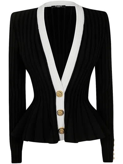 Balmain Structured Knit Jacket With Velvet Inserts In Black