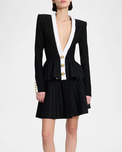 Balmain Structured Knit Jacket With Velvet Inserts In Black
