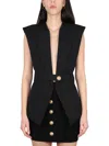 Balmain Sleeveless Belted Grain De Poudre Jacket In Nero