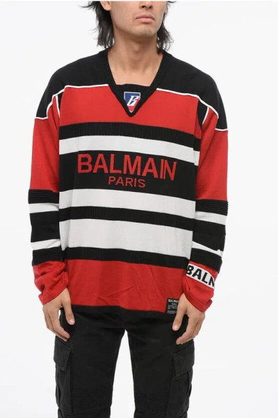 Balmain V-neck Virgin Wool Sweater In Multi
