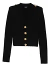 Balmain Black Ribbed Cardigan With Shoulder Pads And Logoed Metal Buttons In Black