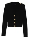 Balmain Black Ribbed Cardigan With Shoulder Pads And Logoed Metal Buttons In Black