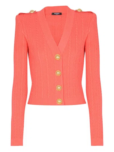Balmain Long-sleeved Cable-knit Cardigan In Orange