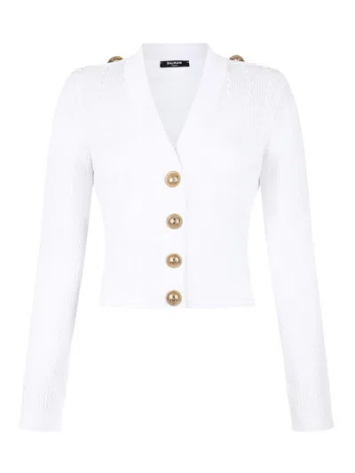 Balmain V-neck Cable Knit Cardigan With Gold-tone Buttons In White