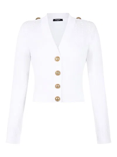 Balmain V-neck Cable Knit Cardigan With Gold-tone Buttons In White