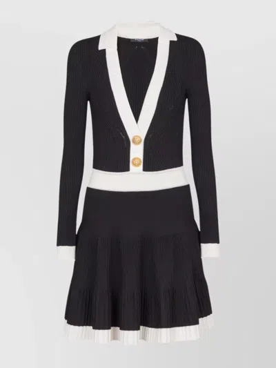 BALMAIN V-NECKLINE PLEATED SKIRT LONG SLEEVES DRESS