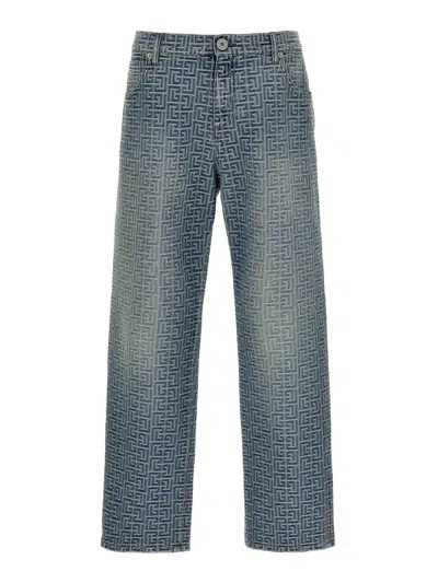 Balmain Jeans With Monogram Motif All-over In Grey