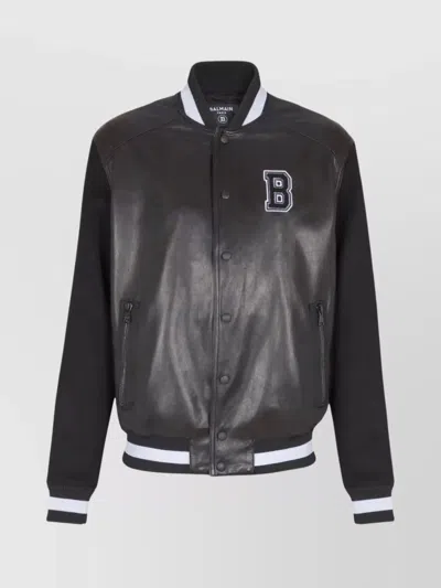 BALMAIN VARSITY BOMBER JACKET WITH LEATHER AND WOOL