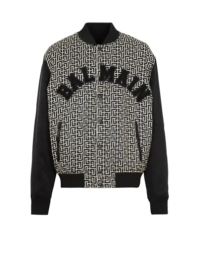 Balmain Monogrammed Varsity Jacket With Patches In Black