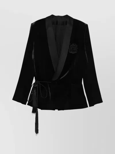 BALMAIN VELVET AND SATIN BELTED JACKET WITH TASSEL
