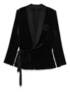 Balmain Velvet And Satin Belted Jacket With Tassel In Black