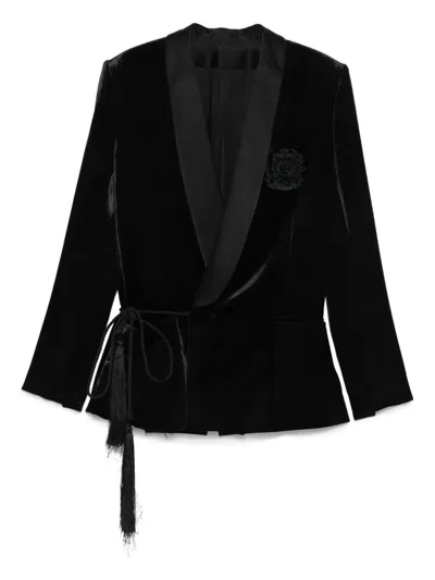Balmain Velvet & Satin Side Belted Jacket With Tassel In Black