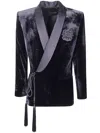 Balmain Velvet & Satin Side Belted Jacket With Tassel In Blue