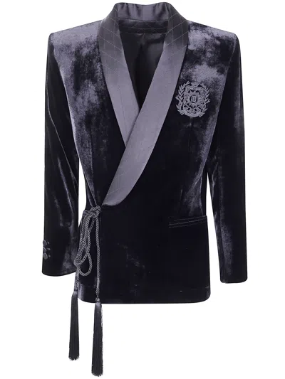 Balmain Velvet & Satin Side Belted Jacket With Tassel In Blue