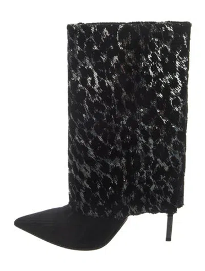 Pre-owned Balmain Velvet Animal Print Slouch Boots In Black