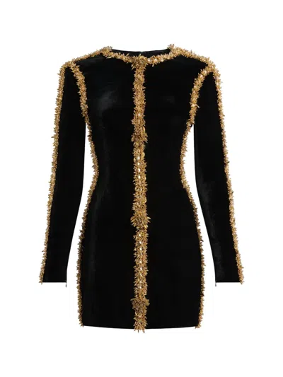 Balmain Velvet Dress With Embroidered Trim In Black