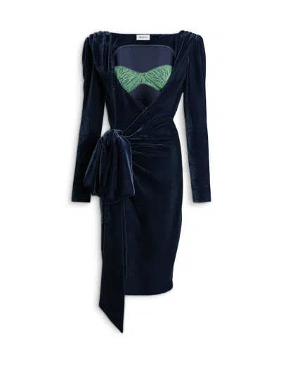 Balmain Velvet Dress With Lace Bra And Tie Detail In Blue