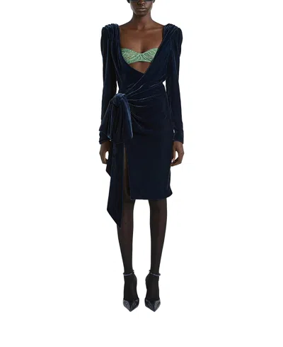 Balmain Velvet Dress With Lace Bra And Tie Detail In Blue
