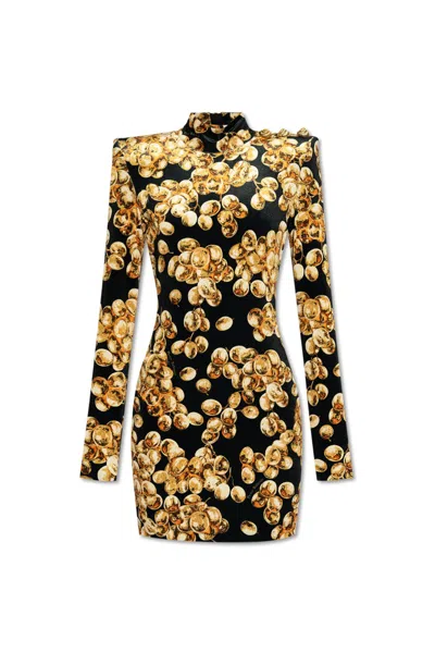Balmain Short Velvet Dress With Grape Print In Gold