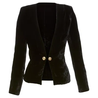 Balmain Velvet Gold Eagle Buttons Shoulder Pads Fitted Blazer In Black