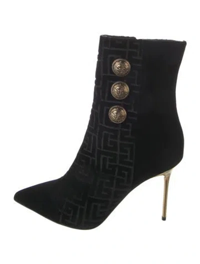 Pre-owned Balmain Velvet Graphic Print Boots In Black