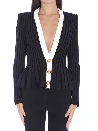 Balmain Structured Knit Jacket With Velvet Inserts In Black