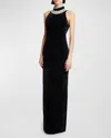 Balmain Faux Pearl-embellished Halterneck Velvet Gown In Black Crystal