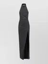 Balmain Velvet Rhinestone Halterneck Long Dress In Gray