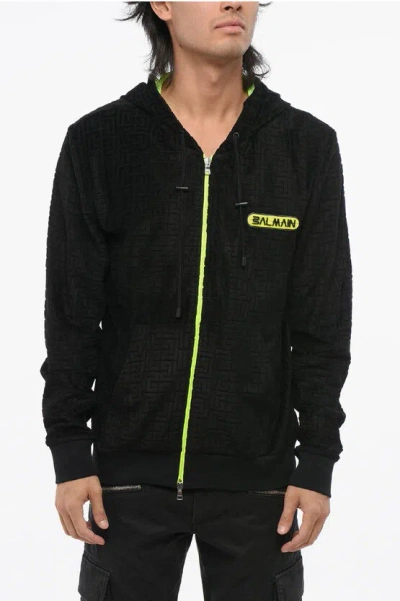 Balmain Velvet Sweatshirt With All-over Monogram And Fluo Details In Black
