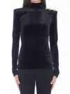 Balmain Buttoned Ls Bouclette Baroque Top In Black