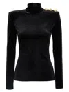 Balmain Buttoned Ls Bouclette Baroque Top In Black