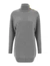 Balmain Cashmere Wool Turtleneck Dress Gold Button Detail In Gray