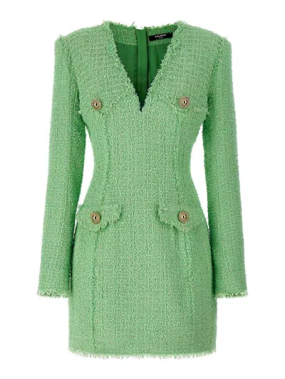 Balmain Green Logo Button Tweed Dress