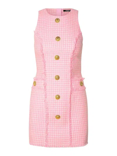 Balmain Vichy Tweed Sleeveless Mini Dress In Pink