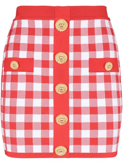 Balmain Vichy Buttoned Mini Skirt In Red