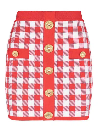 Balmain Vichy Buttoned Mini Skirt In Red