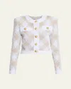 Balmain Vichy Check Tweed Knit Crop Jacket In White Multi