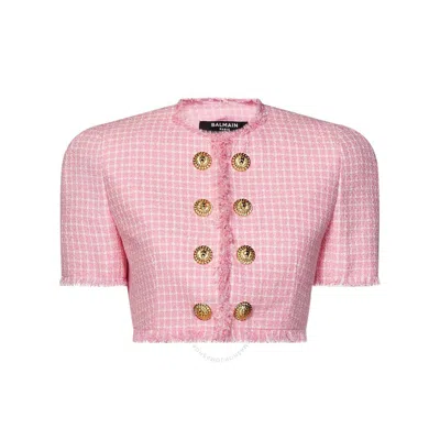 Balmain Vichy Tweed Cropped Jacket In Pink & Purple