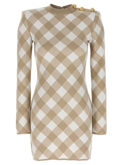 Balmain Checked Pattern Dress Gold-tone Buttons In Beige