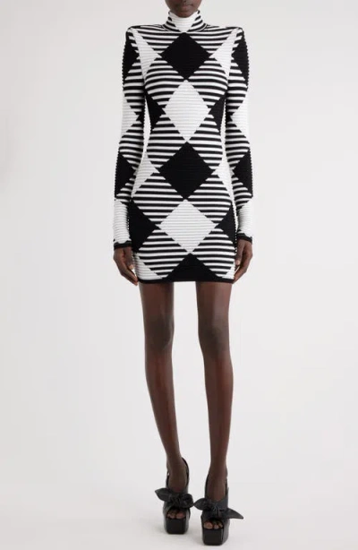 Balmain Vichy Gingham Jacquard Long Sleeve Minidress In Eab Black/white