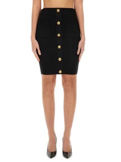 Balmain Knitted Vichy A-line Skirt With Jewel Buttons In Black