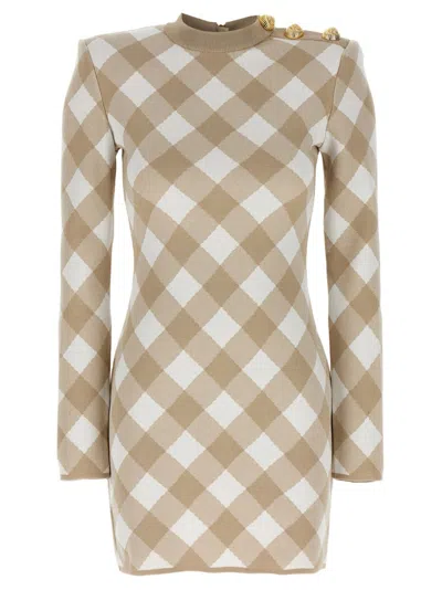 Balmain Checked Pattern Dress Gold-tone Buttons In Beige