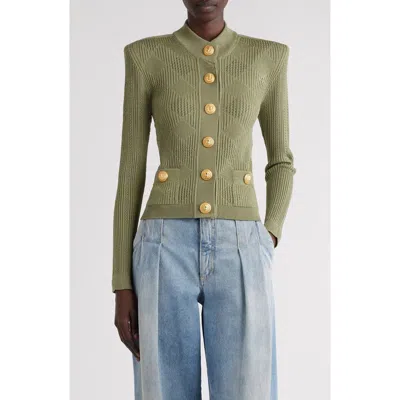 Balmain Openwork Knit Cardigan Sweater, Cardigans In Green