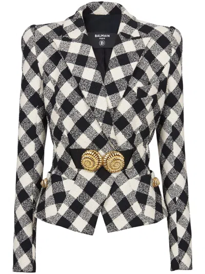 Balmain Gingham Tweed Belted Jacket In Black