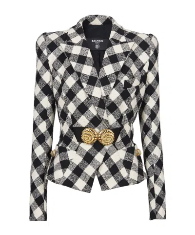 Balmain Gingham Tweed Belted Jacket In Black