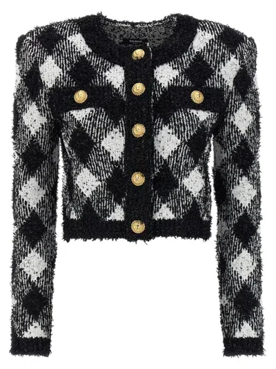 Balmain Vichy Tweed Short Jacket In Multicolor