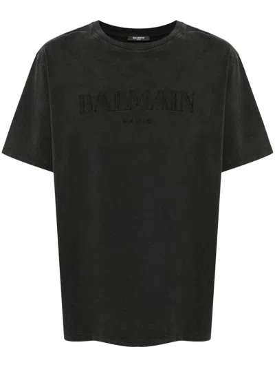 Balmain T-shirt With Logo Embroidery In Gray