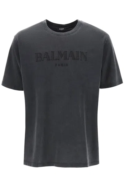 Balmain Logo-embroidered Cotton T-shirt In Grey